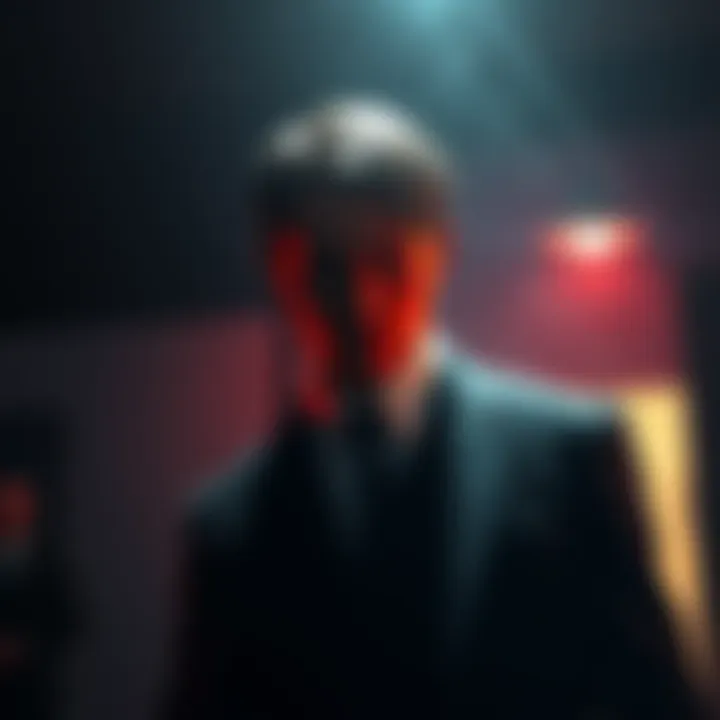 Le Chiffre in Hitman game A digital character representing Le Chiffre from the Hitman game series, surrounded by a shadowy atmosphere, indicating a high-stakes mission.