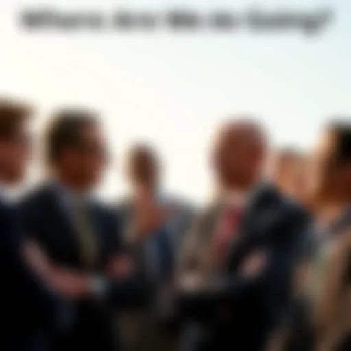 Group of people in business attire discussing passionately, with one leader gesturing assertively, illustrating strong leadership and public sentiment.