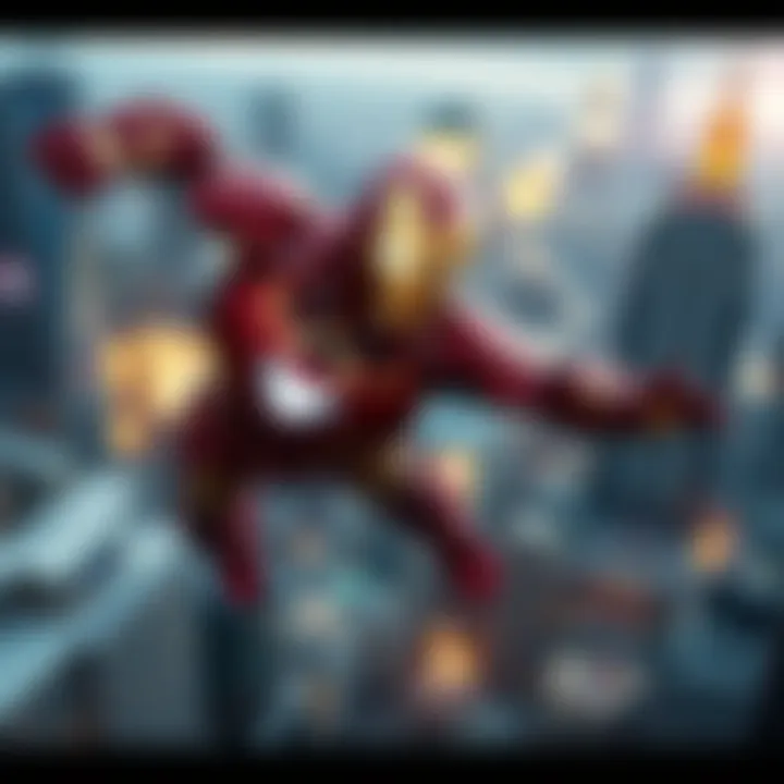 A dynamic scene from the leaked Iron Man trailer showing Iron Man flying over a futuristic cityscape with explosions in the background.