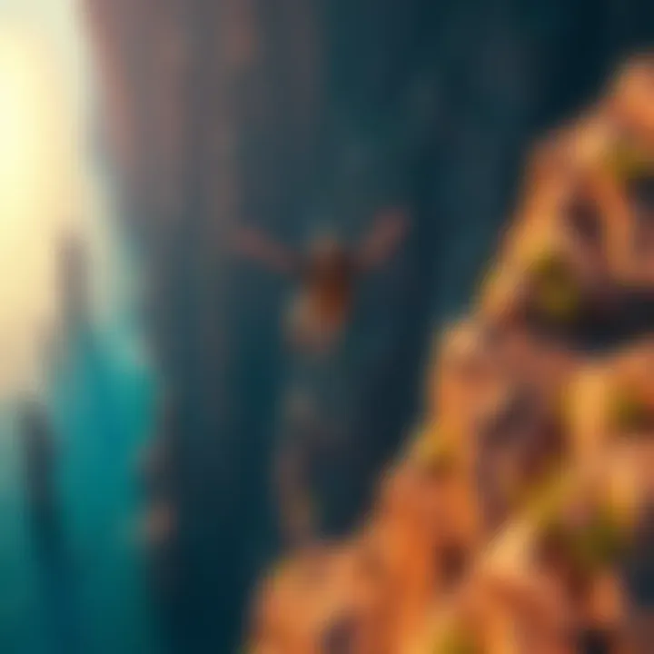 A person leaping from a high cliff into the water below at the leap of faith location in Oddyse