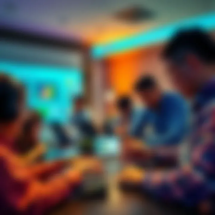 A group of people engaged in hands-on activities while exploring Chain Dash concepts in a workshop setting.