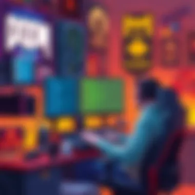 Learning Doom Game Development A person sitting at a computer with game coding on the screen, surrounded by gaming posters and equipment.