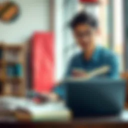 A person studying English with books and a laptop, looking engaged and focused