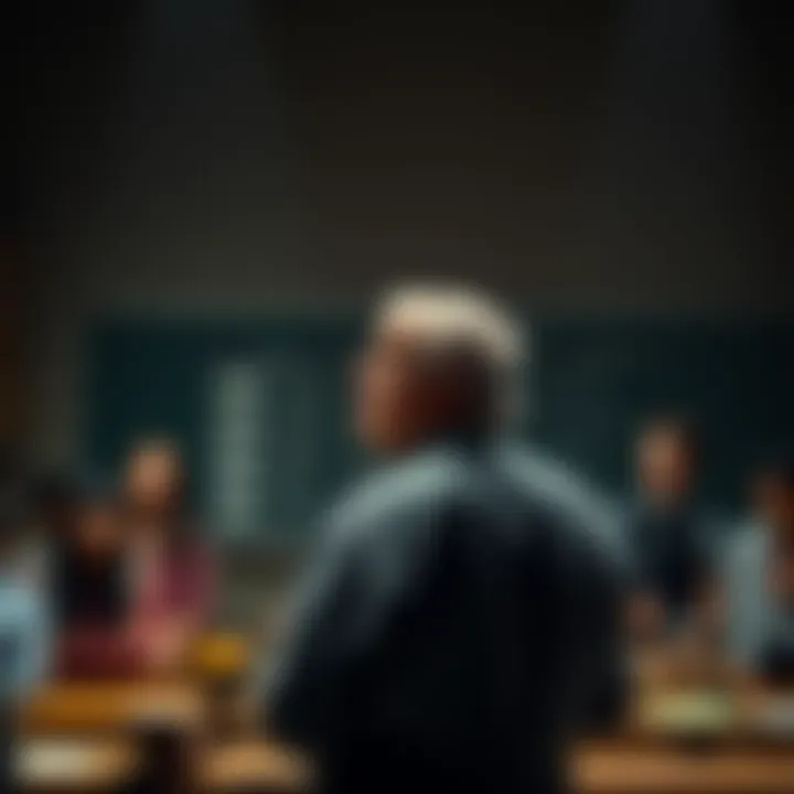 A college professor named Lee stands in front of a classroom, looking contemplative while students listen attentively.