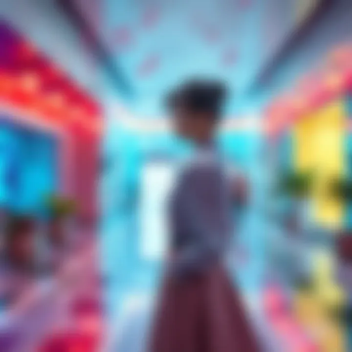 Lee Yun-Jin standing in a vibrant lobby with new music notes around her, but no voice lines, looking underdeveloped