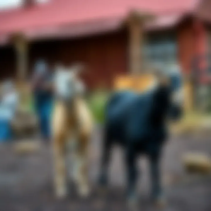 Two goats, one left-handed and one right-handed, standing in a vibrant setting at The Raven Experience, attracting photographers.