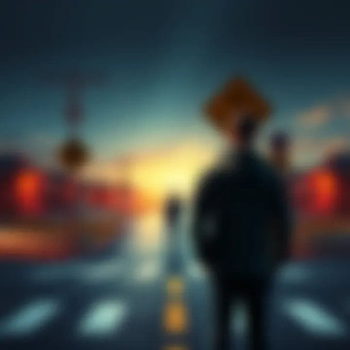 A person standing at a crossroads, contemplating the signs that indicate legal and illegal actions.