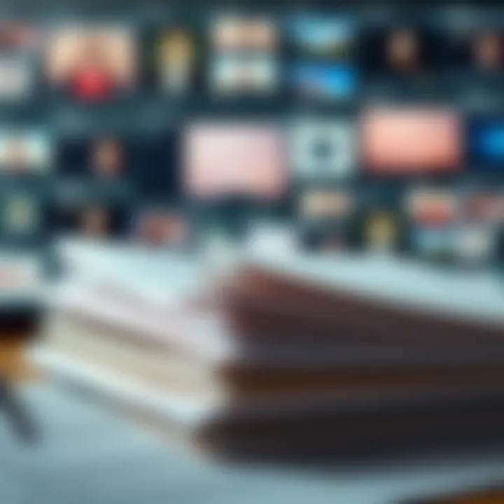 Legal Documents and Media Files A stack of legal papers with a blurred image of sensitive media files in the background, representing a legal case over private images and videos.