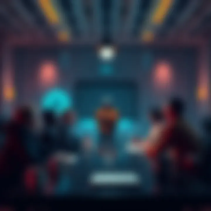 A group discussing legal strategies around unannounced content and characters in a meeting room