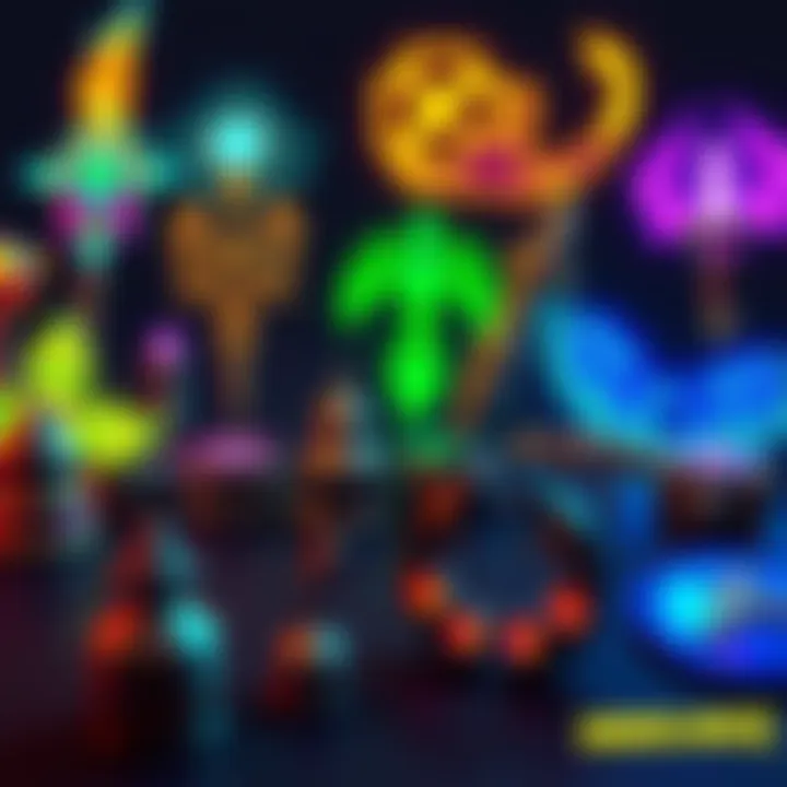 A colorful assortment of legendary items from Borderlands 4 displayed on a surface, showcasing their unique designs and glowing effects.