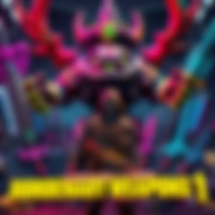 A player character standing in front of a boss in Borderlands 1, preparing to farm for legendary weapons, with colorful loot displayed around them.