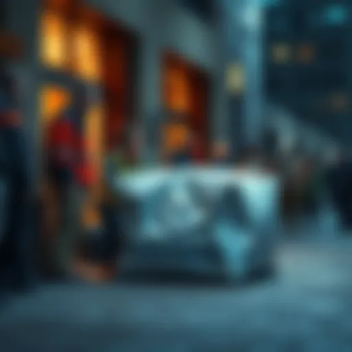 A coworker stands beside a wrapped item on the ground outside a building, surrounded by curious onlookers.