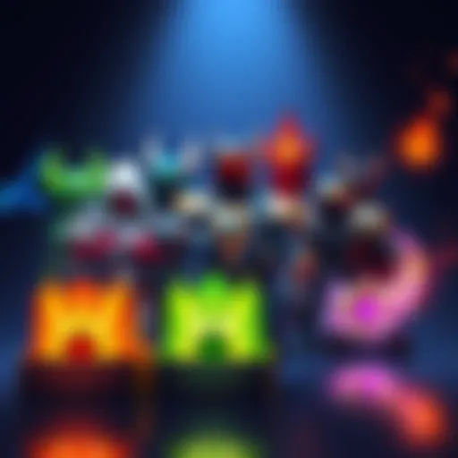 A collection of colorful legendary skins for heroes next to loot boxes, illustrating purchase options and availability.