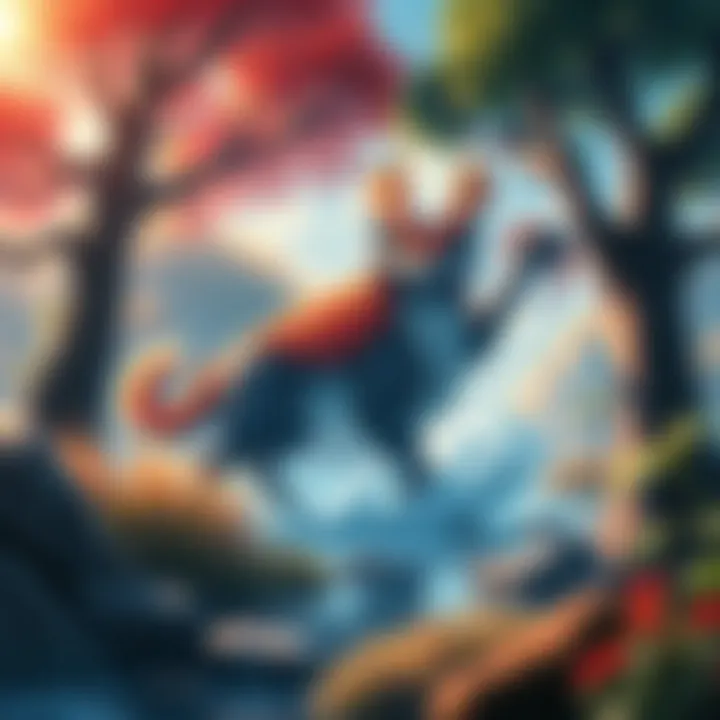 A colorful depiction of a legendary Sumi-e animal surrounded by a tranquil game environment with trees and water