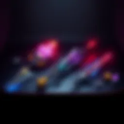 Display of top legendary void primary weapons including Kindled Orchid and Unforgiven, arranged on a sleek surface with a dark background.