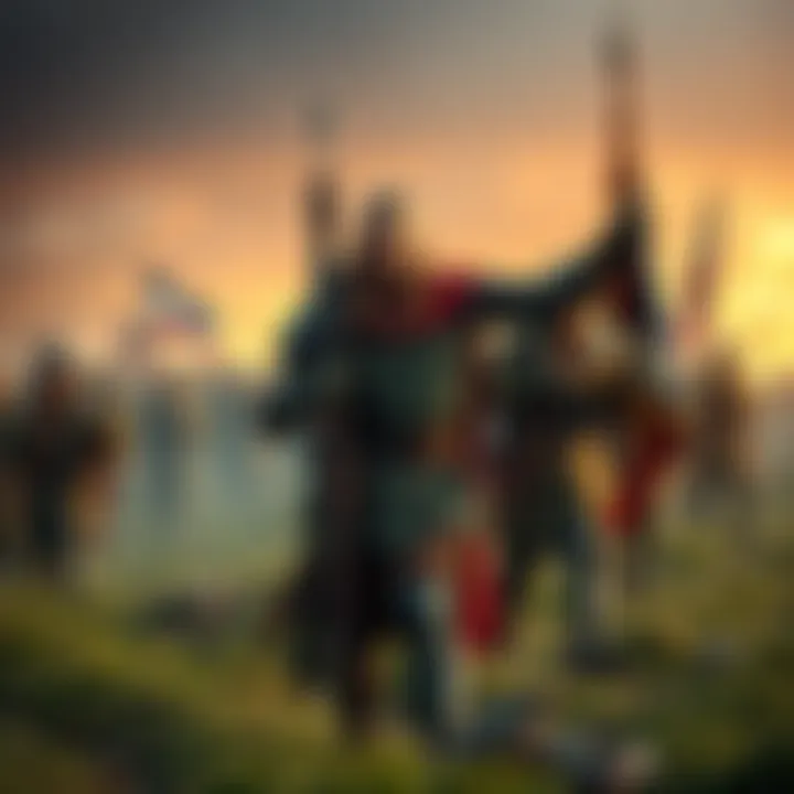Legendary warrior leading troops A heroic figure, resembling a legendary character, stands confidently in front of soldiers on a battlefield, rallying them during World War I.