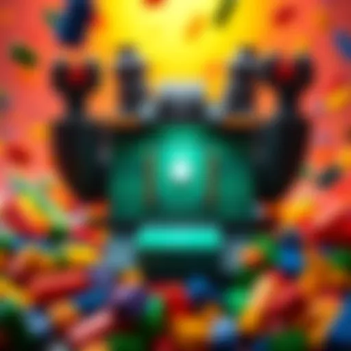 A player excitedly shows off the Lego Bastion they've just unlocked from a loot box, surrounded by colorful Lego pieces.