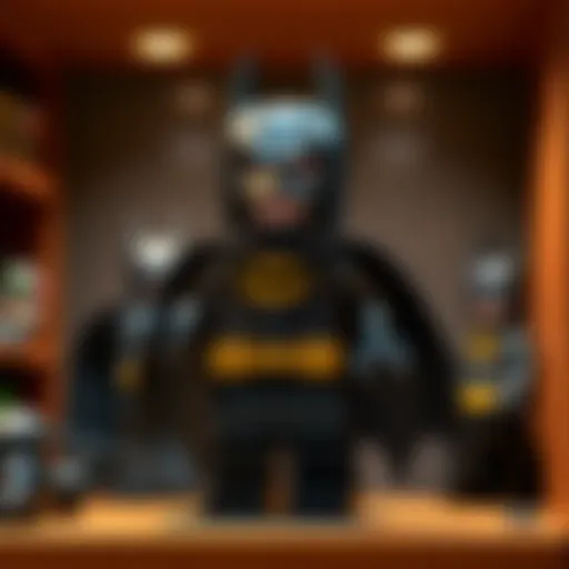 A LEGO Batman figure stands proudly on a shelf, showcasing its iconic black cape and mask, ready for the upcoming release.