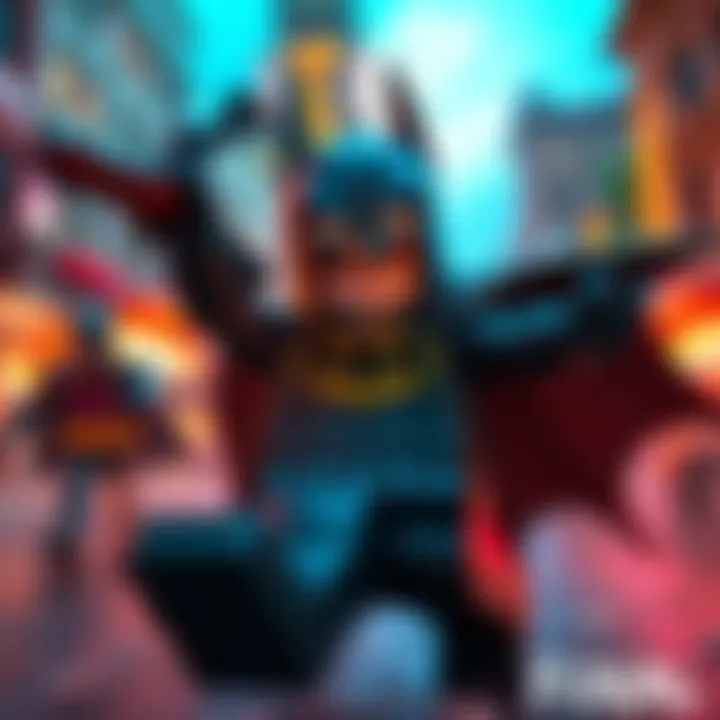 LEGO Batman in action fighting villains in a colorful Gotham setting