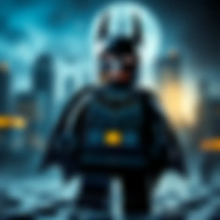LEGO Batman Game Cover LEGO Batman stands heroically with a dark city skyline in the background, showcasing a classic LEGO style