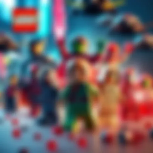 LEGO characters of popular Marvel heroes and villains in action poses, showcasing vibrant colors and dynamic builds.