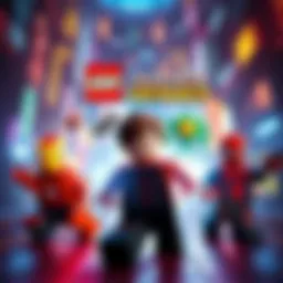 A vibrant Lego Marvel Super Heroes game cover featuring iconic superhero characters like Iron Man and Spider-Man in a colorful Lego city setting.