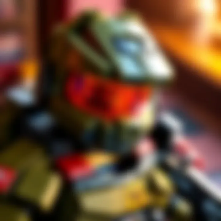 A detailed Lego model of Master Chief, showcasing intricate designs and vibrant colors.
