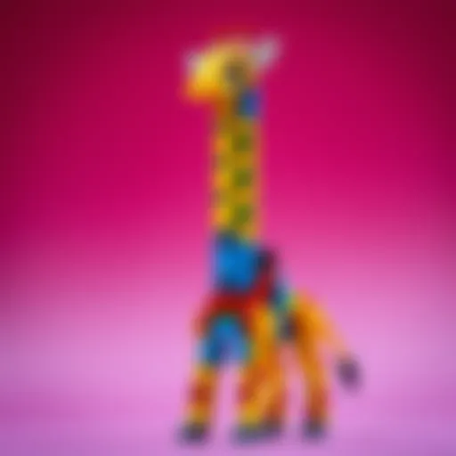 Lego Tallneck Set A completed Lego Tallneck set featuring a tall giraffe-like character with intricate details, showcasing its unique design and vibrant colors.