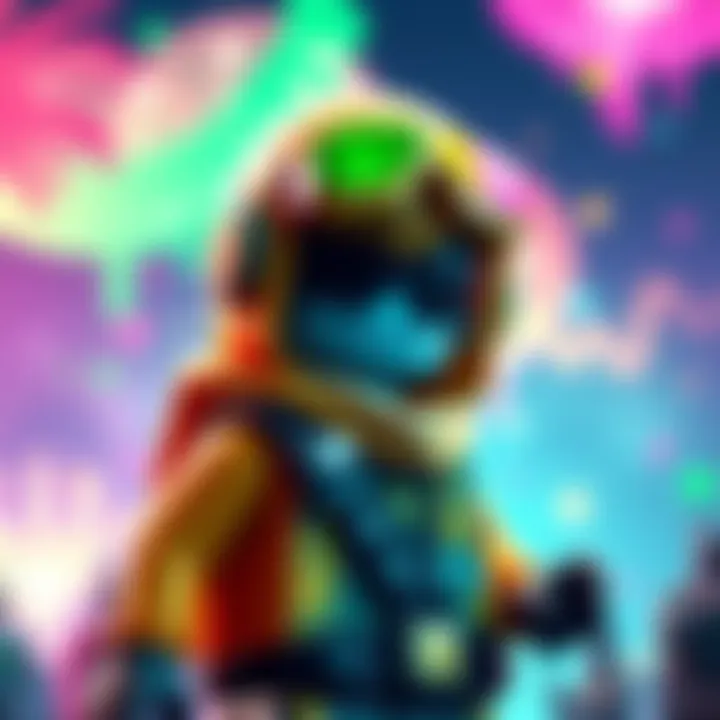 Legoshi character from anime wearing Fortnite gear, with a colorful backdrop inspired by Yoasobi's Monster song.