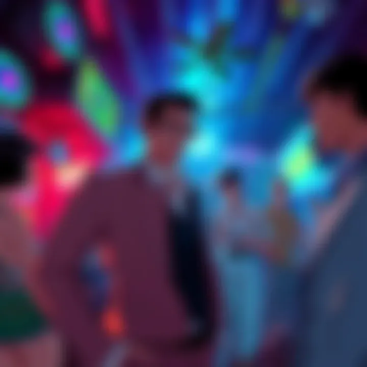 A character in Leisure Suit Minotti interacting with others in a lively Blight Club setting.