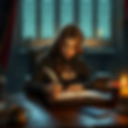 Leliana, the spy master, is sitting at a desk, writing a letter with a quill. Her expression shows thoughtfulness and emotion.