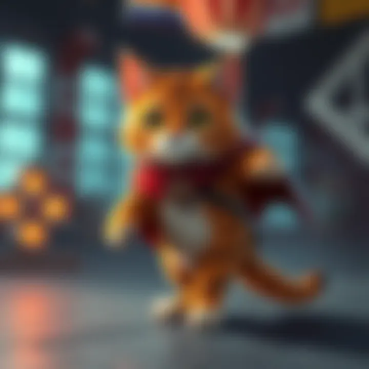 A cartoonish depiction of a cat resembling Lenin's cat, wearing a heroic cape, standing ready for action in a video game environment.