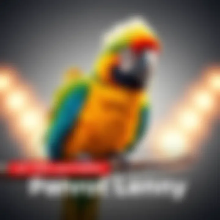 Lenny the Parrot on a perch Lenny, a colorful parrot, sitting on a perch with his feathers fluffed up and a playful expression, surrounded by a bright background.