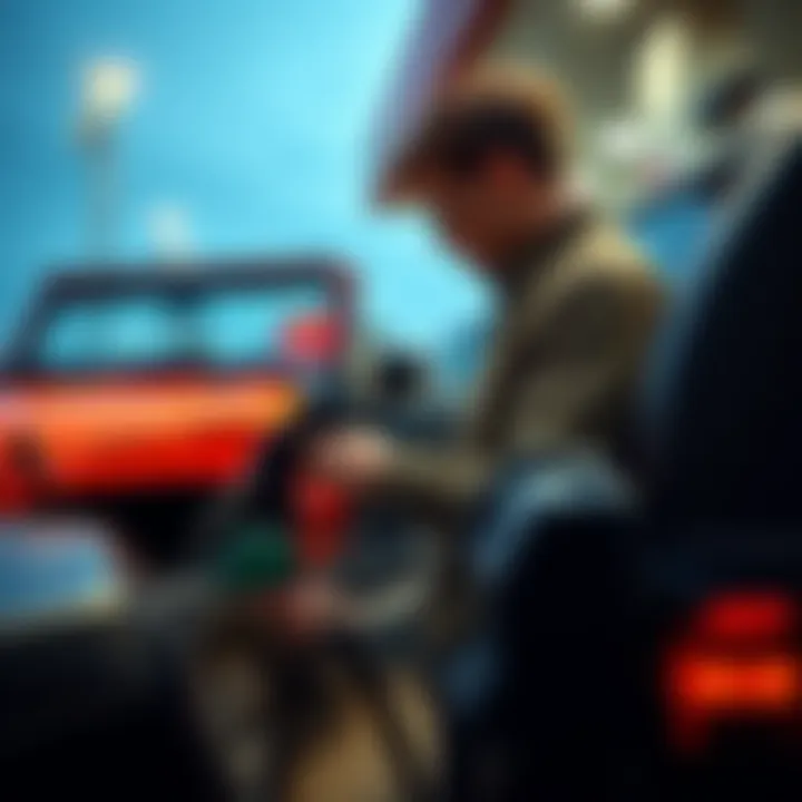 Leon pouring diesel into his Jeep at a gas station, looking thoughtful