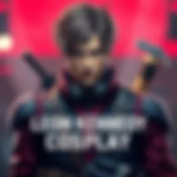 A fan in a detailed Leon Kennedy costume from Resident Evil 4, showcasing the iconic look with a serious expression and props.