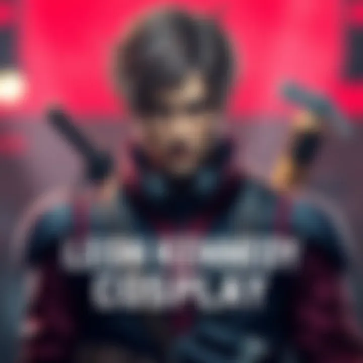 A fan in a detailed Leon Kennedy costume from Resident Evil 4, showcasing the iconic look with a serious expression and props.