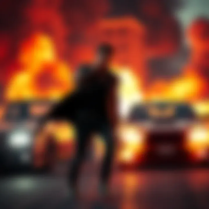 Leon ignites explosives, causing two cars to explode in a dramatic scene