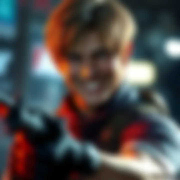 Leon with a cheeky grin Leon S. Kennedy showing a playful grin while holding a weapon, reflecting his cheesy humor in Resident Evil.