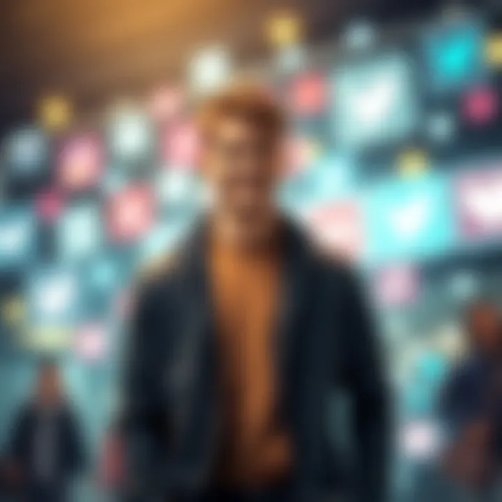 A confident young man named Leon, smiling and dressed stylishly, with bright social media icons in the background, symbolizing his popularity over Chris.