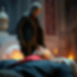 Leon confronting the president Leon S. Kennedy standing over the fallen president in Resident Evil 6, with a tense expression