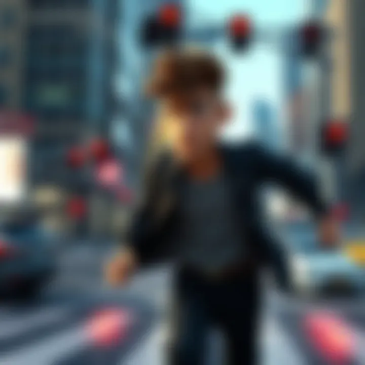 A character named Leon rushes across a busy intersection with a concerned expression, looking back as if being followed. The background shows a cityscape with tall buildings, hinting at a tense situation.