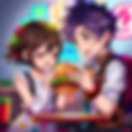 A colorful chibi art showing Leon gently feeding Grace a burger, highlighting their caring relationship after RE9.