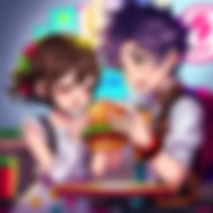A colorful chibi art showing Leon gently feeding Grace a burger, highlighting their caring relationship after RE9.