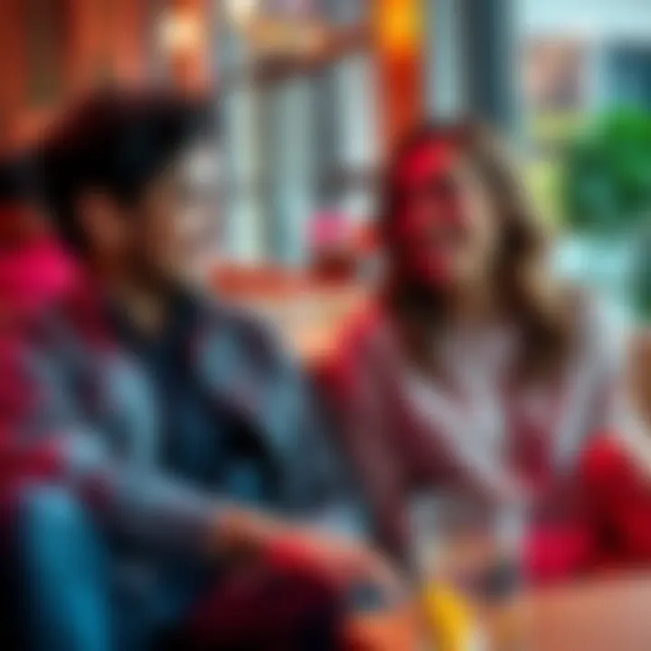 Leon and Grace sitting together, engaged in a friendly discussion with smiles, showcasing their budding relationship