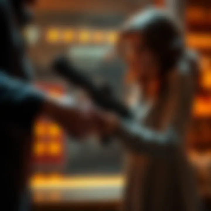 Leon hands weapon to Grace Leon handing his weapon to Grace in a tense moment, showing trust and collaboration