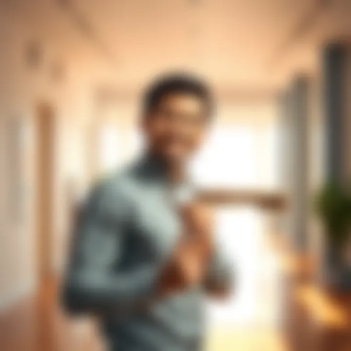 Leon smiles while holding a large key, symbolizing his newfound success. He stands in a bright room, looking confident and approachable.