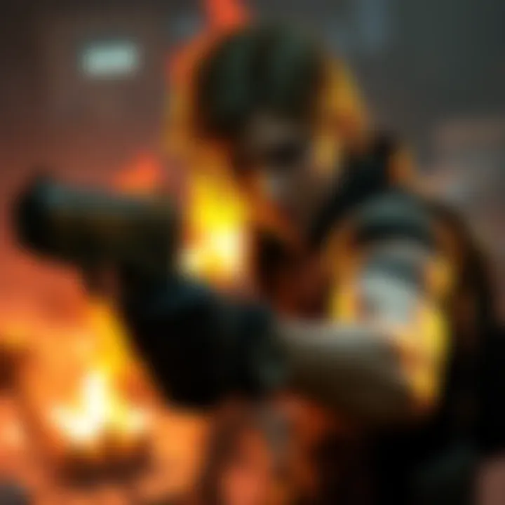 Leon Kennedy in action Leon Kennedy protecting allies during a tense moment in Resident Evil