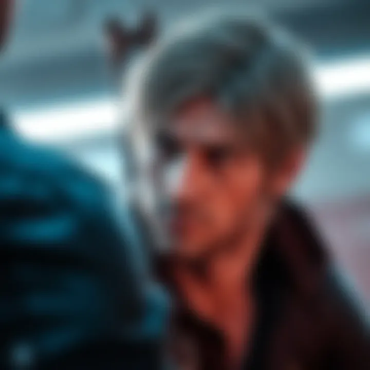 Leon Kennedy talking to a character Leon Kennedy from Resident Evil 9 engaged in conversation, with a focused look on his face, suggesting a serious discussion.