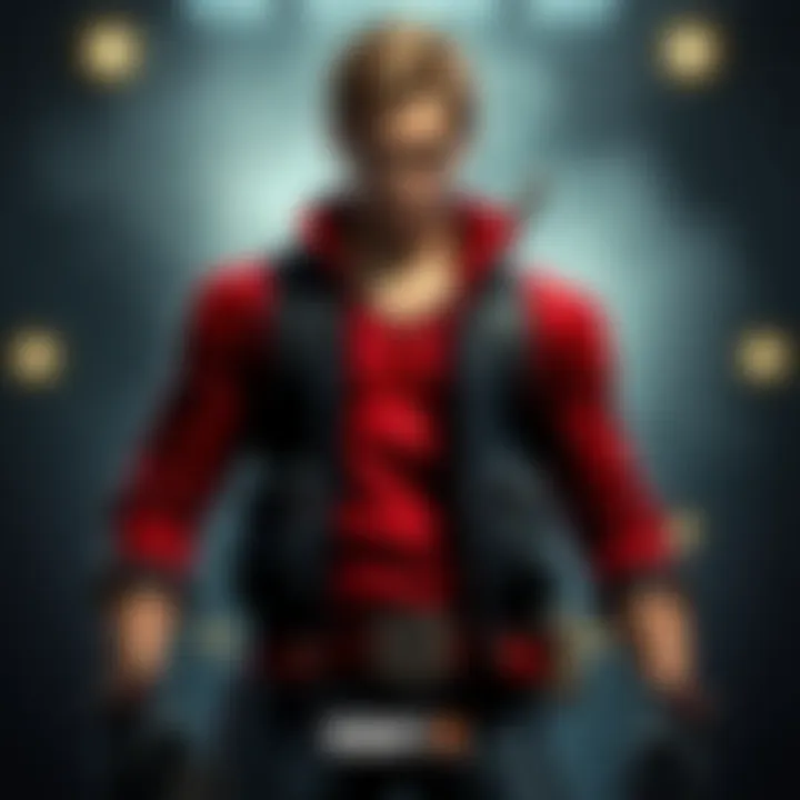 Leon Kennedy stands confidently, showcasing his strong build and iconic outfit from the Resident Evil series, with a determined expression.