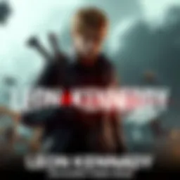 Leon Kennedy stands confidently with his iconic jacket and short hair, holding a weapon, surrounded by a dramatic game setting.